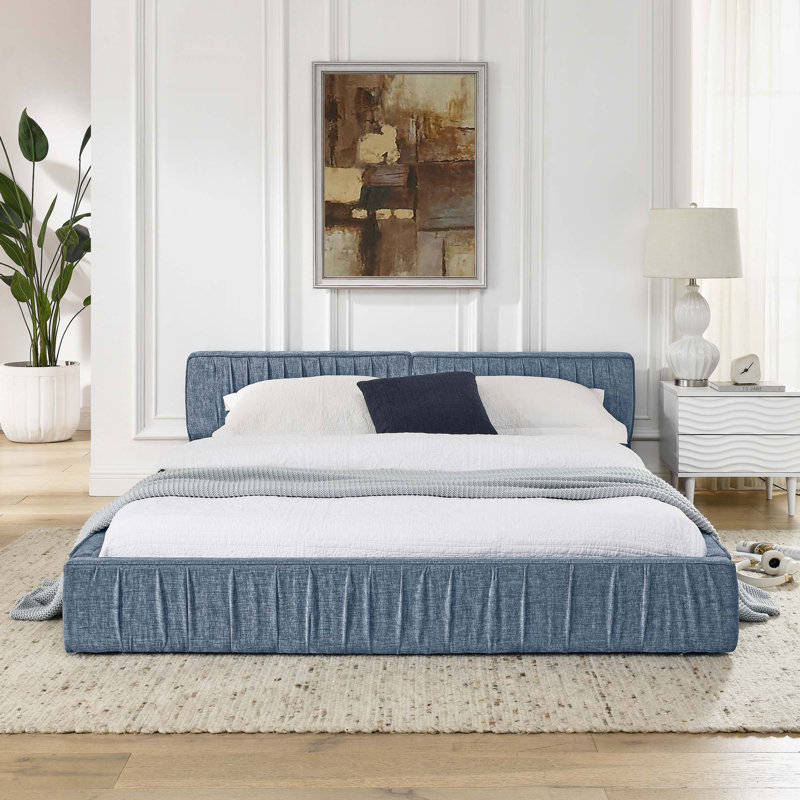 Queen Size Upholstered Bed Frame With Chenille Fabric, Dark Blue