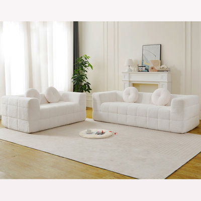 Canapé moderne sans os avec deux coussins décoratifs circulaires, tissu en polyester à poils longs texturé litchi doux pour la peau, canapé en mousse à carreaux