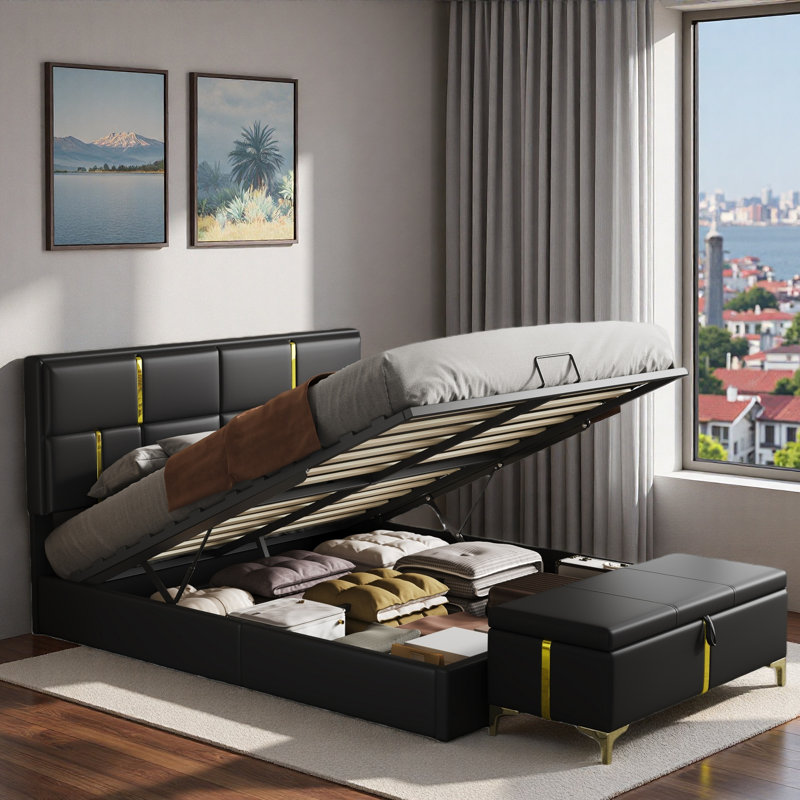 2-piece Bedroom Sets Included 1 Upholstered Platform Bed With Hydraulic Storage System, 1 Storage Ottoman With Metal Legs