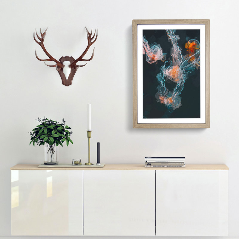 Peach Jellyfish in Abstract - Framed Print, Oak Framed, 48cm H x 36cm W x 2cm D