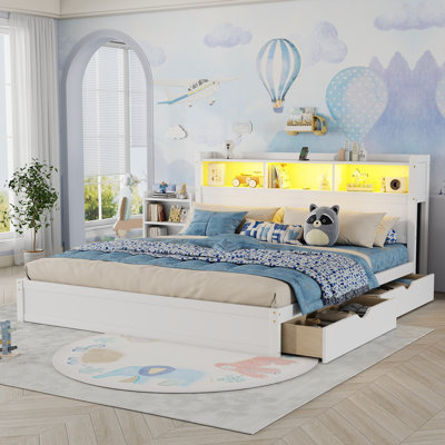 Très grand lit avec tiroirs, très grand lit en bois avec tête de rangement et armoire de rangement escamotable, lit en bois avec lumière et douille, blanc