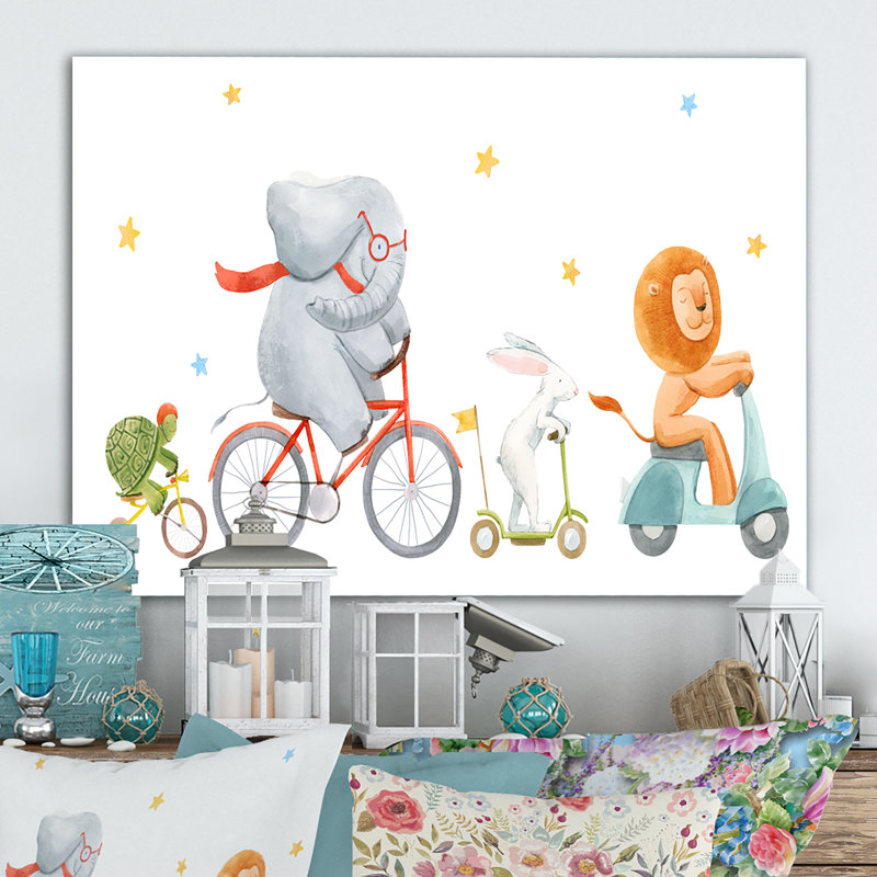 Mignons animaux à bicyclette - Art mural sur toile traditionnel, H 30 po x l 40 po x P 1,5 po, Toile tendue