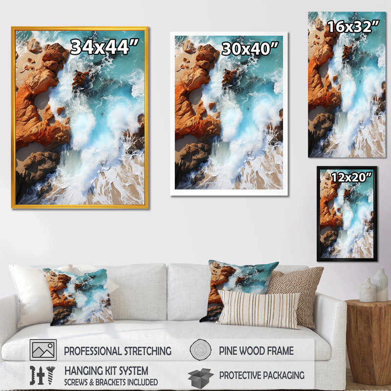 Blue Rocky Beach Aerial View II - Beach Wall Art, Gold Floater Frame, 32" H x 16" W x 1" D