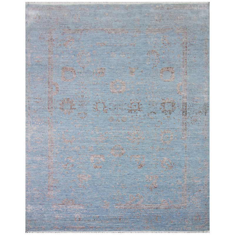 Tapis bleu / gris de haute qualité noué à la main, Rectangle 8 pi x 10 pi