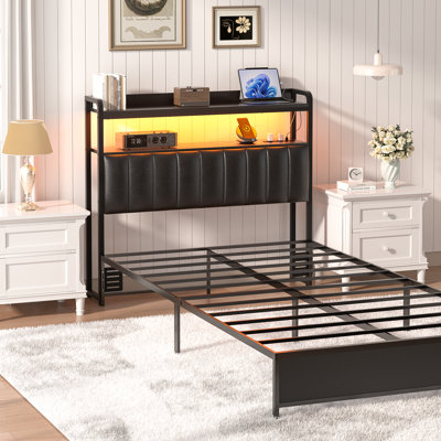 Upholstered Headboard with LED Lights and Charging Station by Aheaplus