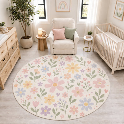 "Ultra Thin" 6' x 6' Pastel Floral Garden Round Area Rug, Soft Low Pile Indoor Rug with Non-Slip Silicone Backing for Nursery, Kids Room, Bedroom, Playroom Decor