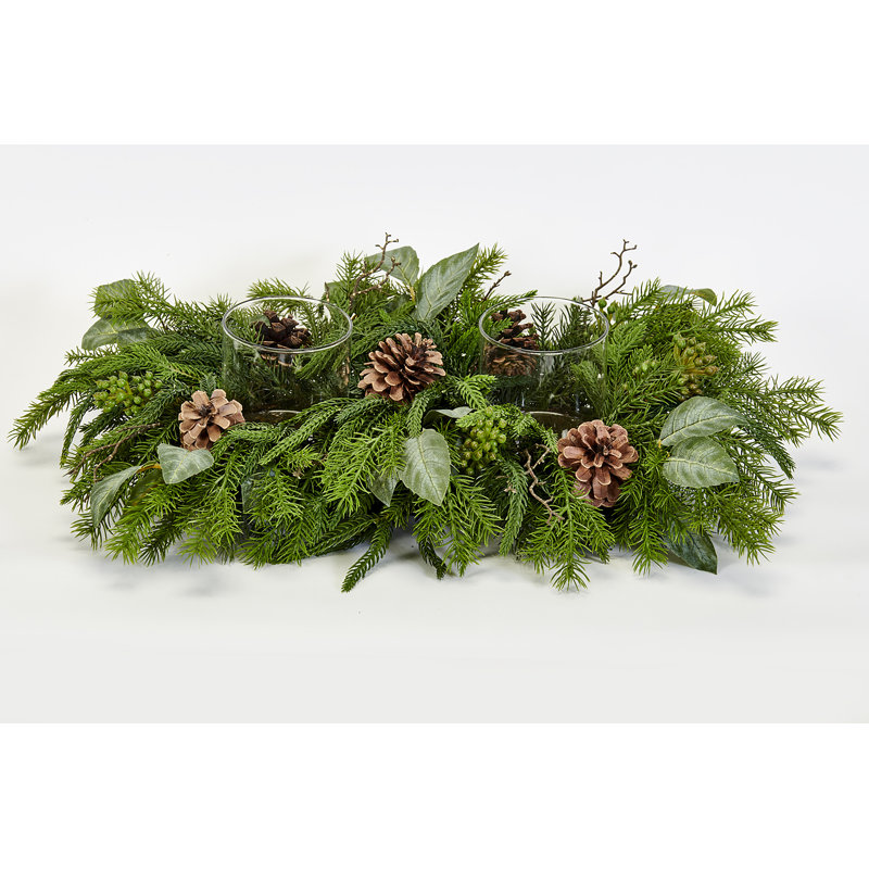 26" Artificial Real Look Cypress Pine Cones  Leaves Candle Holder Christmas Centerpiece
