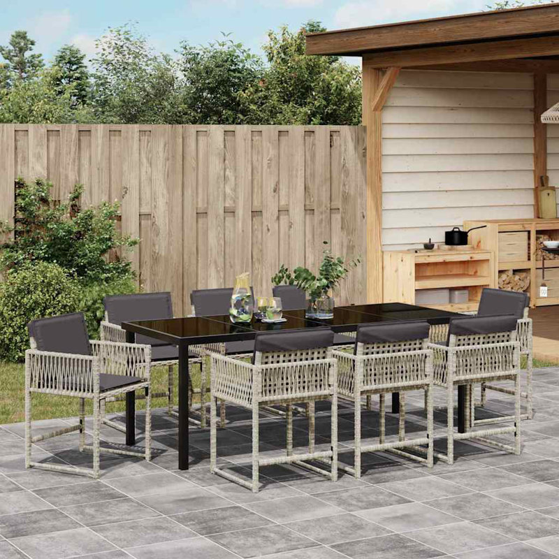 Eliezel 8 - Person Patio Dining Set with Rectangular Table, Grey Cushion/Taupe Frame