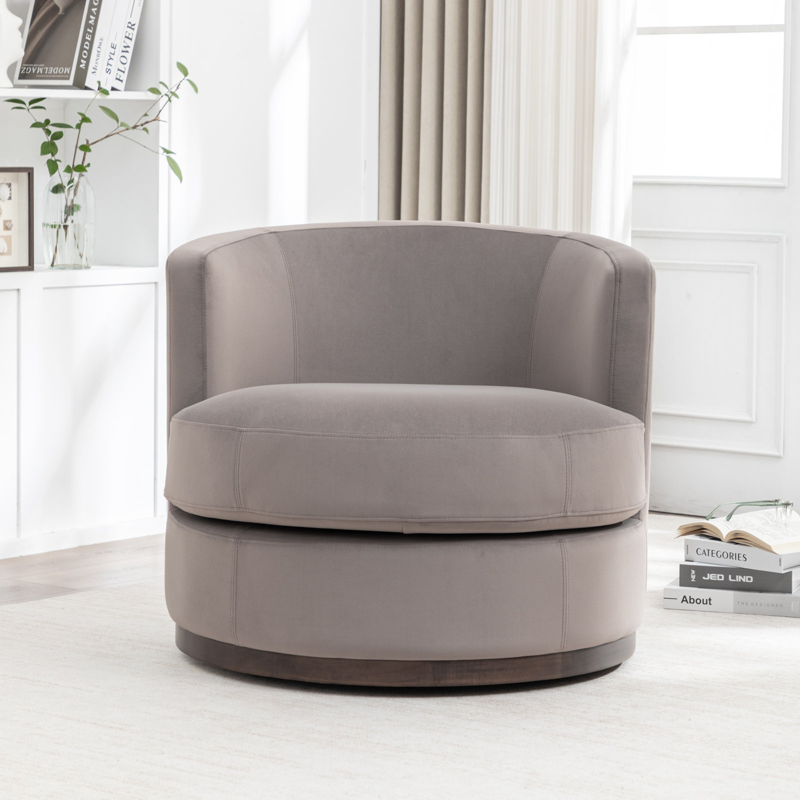 Arabella Swivel Barrel Chair, Mink Velvet Performance Mohair