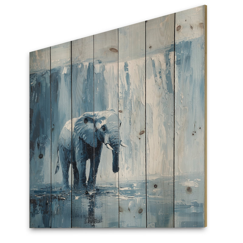 Éléphant monochrome et la chute d'eau II - Éléphant, décoration murale en bois animal - sur bois de pin naturel