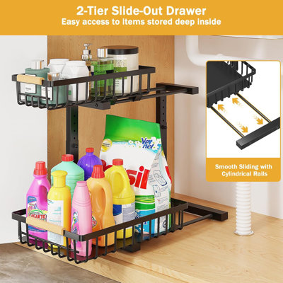 2-Tier Pull-Out Under Sink Organizer With Adjustable Height, Metal Frame, And Smooth Sliding Baskets For Kitchen And Bathroom Storage