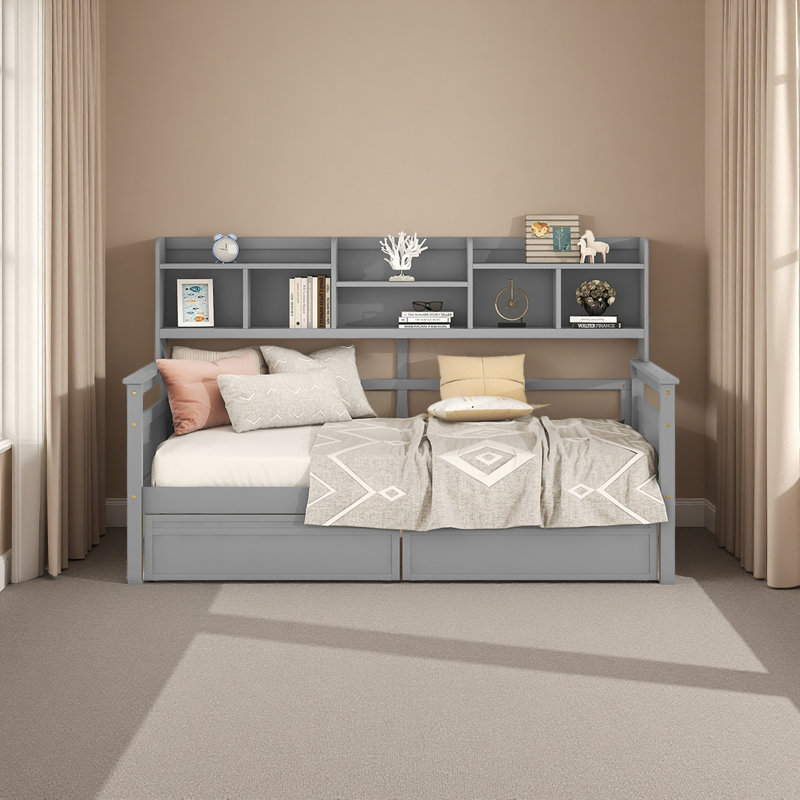 Lit de jour simple, support en lattes de bois, avec tablettes de chevet et deux tiroirs, Gris