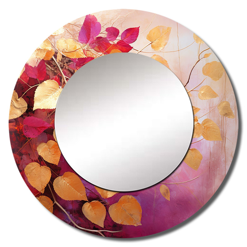 Saelor Gold And Pink Leaves Charm Artistry I - Leaves Large Wall Mirror, Traditional Round Decorative Mirror, Printed Metal Art