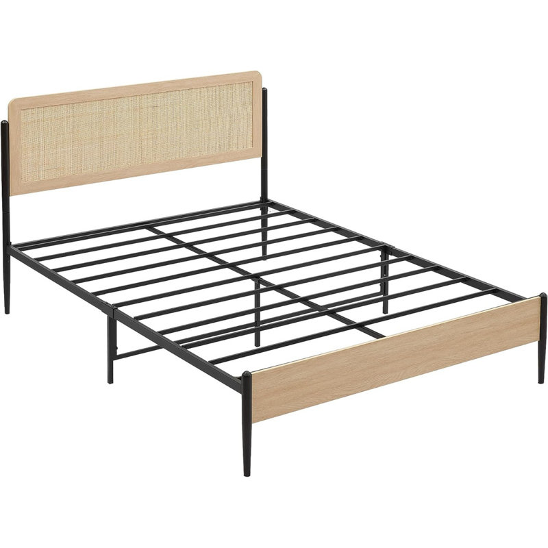 Bed Frame Full Size, Modern Platform Bed Frame With Rattan Headboard Metal Slat Support Bed Frame With Storage-Oak Full