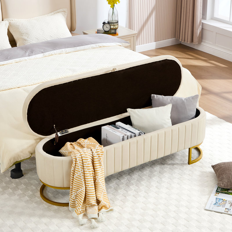 Velvet Upholstered Storage Bench with Horseshoe-Shaped Metal Legs for Living Room: Stylish and Functional Bed-End Solution