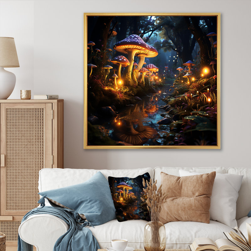 Muscroom Dreamscape Forest I - Art mural fantastique, Cadre flottant doré, H 30 po x l 30 po x P 1,5 po