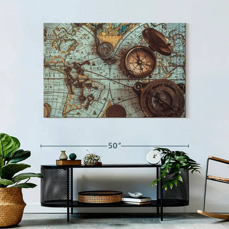Carte de pirate antique sur toile, H 32 po x l 48 po x P 1,25 po