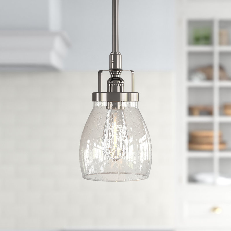 Shameka Steel and Glass 1-Light Single Bell Pendant with Adjustable Hanging Height, Brushed Nickel