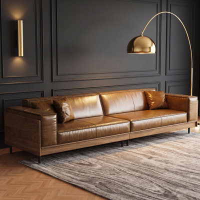 111.8" Modern Leather Sofa, Oversized 4-Seater Deep Seat Couch with Exposed Wood Trim and Wide Track Arms for Living Room, Cognac Brown