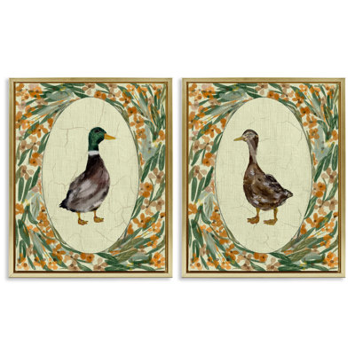 Country Floral Duck Portraits 2pc Floating Frame Set, design by Yen