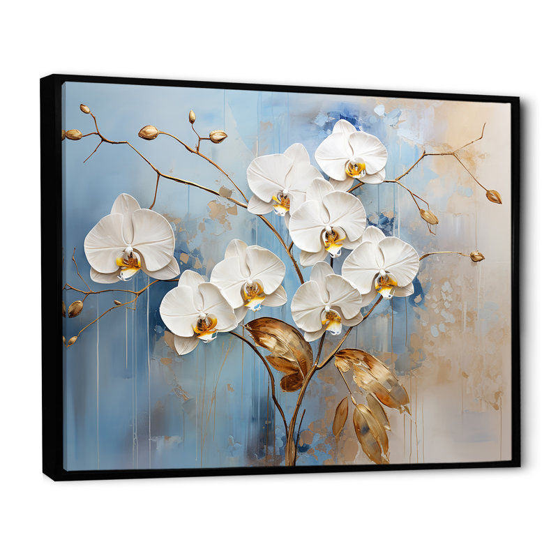 Orchidées beiges et dorées Simplicity III sur toile, H 34 po x l 44 po x P 1,5 po, Cadre flottant noir