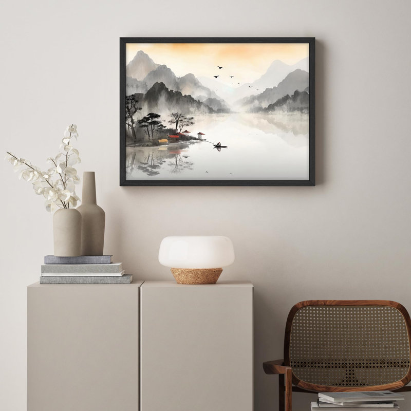«Serene Mountain Lake with Mist and Birds in Asian Landscape Illustration», affiche encadrée rustique, H 11 po x l 14 po