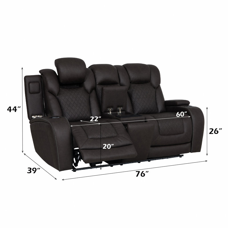Causeuse à mouvement électrique en microfibre gris foncé avec console, chargeur sans fil, rangement, USB et DEL