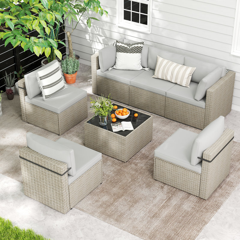 Ensemble de conversation modulaire en rotin 7 pièces avec coussins Arwynn, Gris, gris