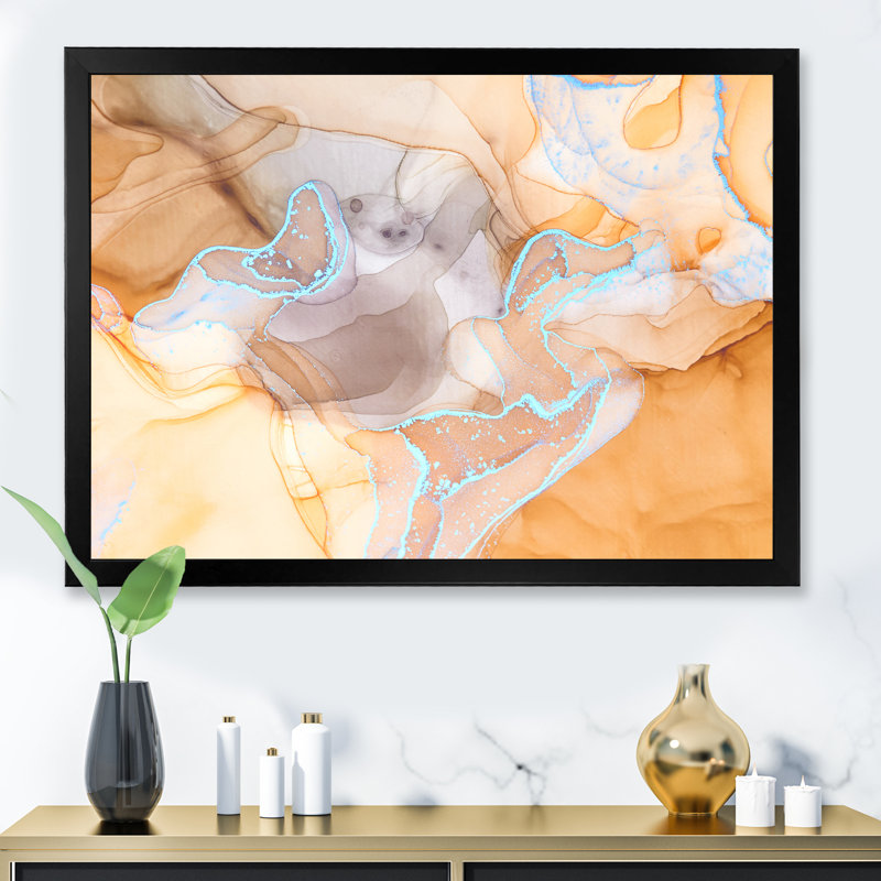 Orange et marbre, art fluide - décoration murale moderne en toile, Cadre photo noir, H 12 po x l 8 po x P 1 po