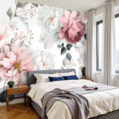 Peel and Stick Wallpaper 144" W x 100" H Modern Self Adhesive Wall Mural for Bedroom Watercolor floral seamless white green leaves pink peach blush white