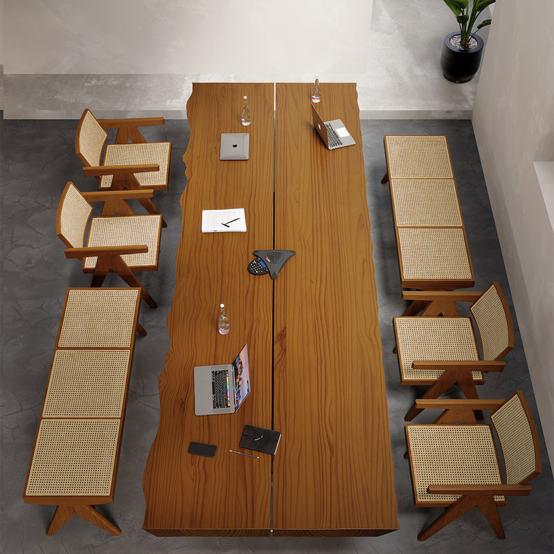Table de conférence brun noisette + bois massif noir + fer + acrylique, H 29,53 po x L 110,24 po x l 39,37 po