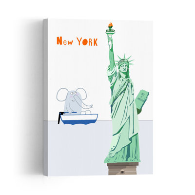 New York Elephant Adventure Whimsical Abstract Contemporary Elephant City Architecture Wall Art Print 1 Piece Wrapped Canvas Wall Art
