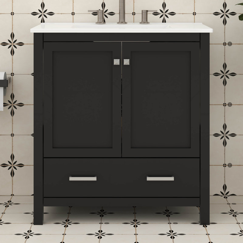 Meuble-lavabo 30 po avec comptoir, ensemble combiné, petit meuble-lavabo avec 2 portes à fermeture douce et tiroir, Noir