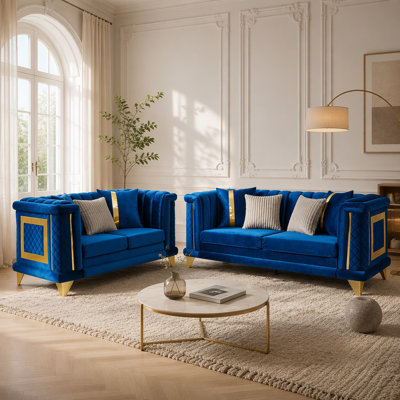 Ensemble de canapé en velours de luxe 2 pièces avec garnitures en acier inoxydable doré et texture brodée, canapé victorien moderne de 89 pouces à 3 places et 69 pouces pour causeuse, bleu