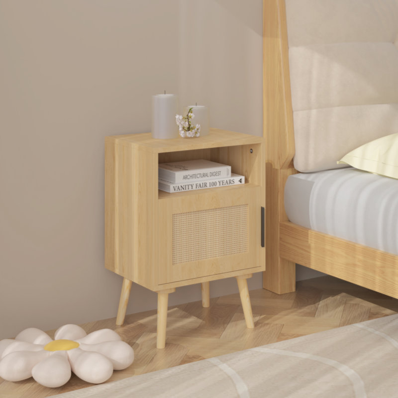 Rattan Nightstand, Side Table With Door Open Shelf,  Accent Bedside End Table With Solid Wood Legs For Bedroom, Dorm And Small Spaces