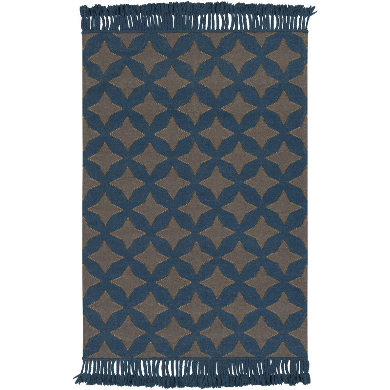 Tapis gris anthracite / bleu sarcelle en laine tissé à plat à la main à motif géométrique Roselawn, Rectangle 2 pi x 3 pi