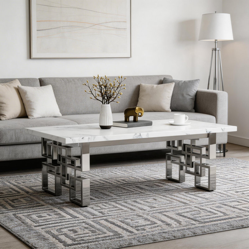 Table basse blanche de 50 pouces, faux marbre rectangulaire moderne avec base chromée creuse pour le bureau du salon