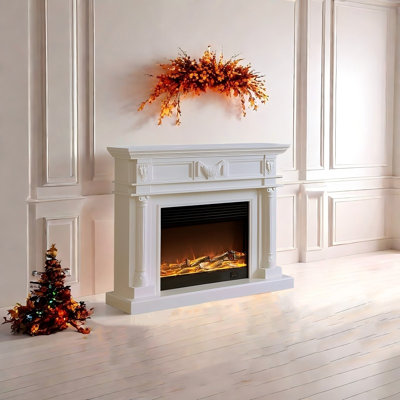 59.06"Ivory White Rubber Wood Landscape Electric Fireplace