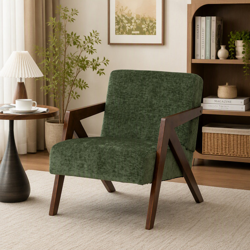 Chaise d'appoint Mid-Century moderne avec structure en bois et revêtement en lin doux, Green Chenille
