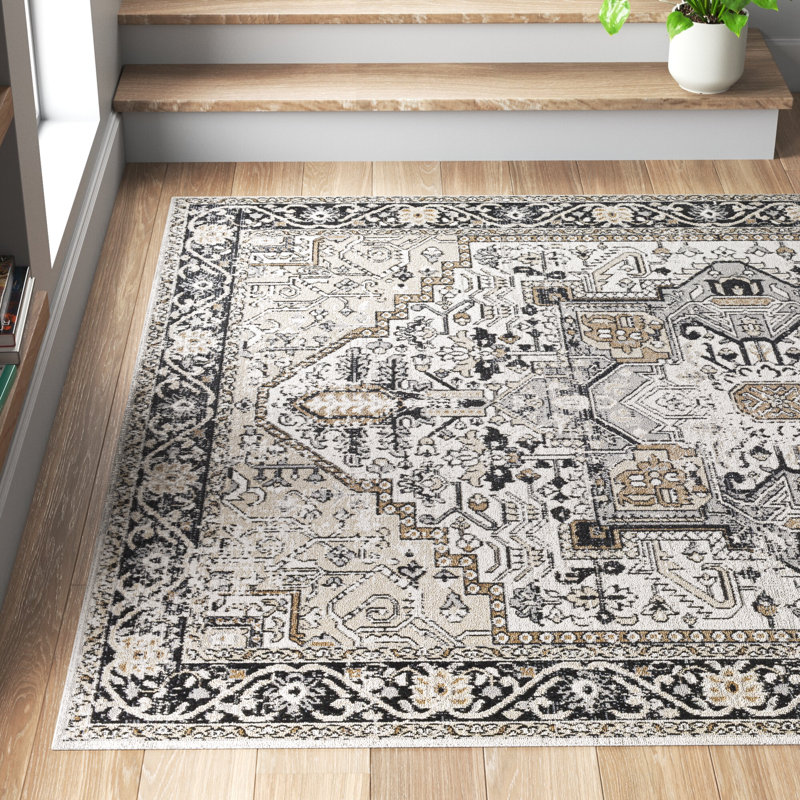 Haughton Machine Washable Oriental Black/Taupe Area Rug, Rectangle 7'10" x 10'