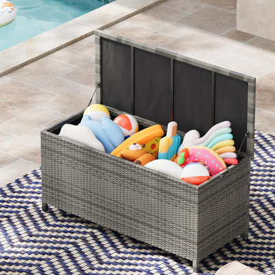 125 Gallon Large Deck Box Waterproof PE Rattan Outdoor Storage Box with Handles and Wheels, Storage Bin for Garden, Balcony, Porch, Pool, Yard