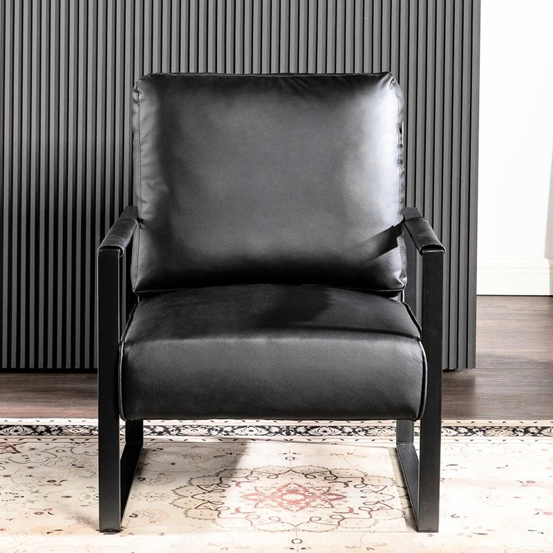 Fauteuil de style Mid-Century, fabrication en métal renforcé, fauteuil en similicuir noir pour le salon, revêtement carré en microfibre tacheté, pièce, chambre à coucher, bureau personnel