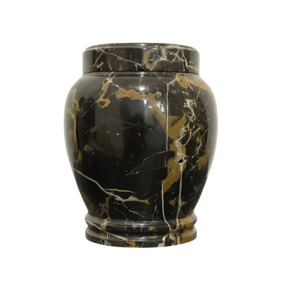 Handcrafted Black Marble Cremation Urn with Gold Veining for Adult Ashes, Size 3.0, 7 x 7 x 9 Inches