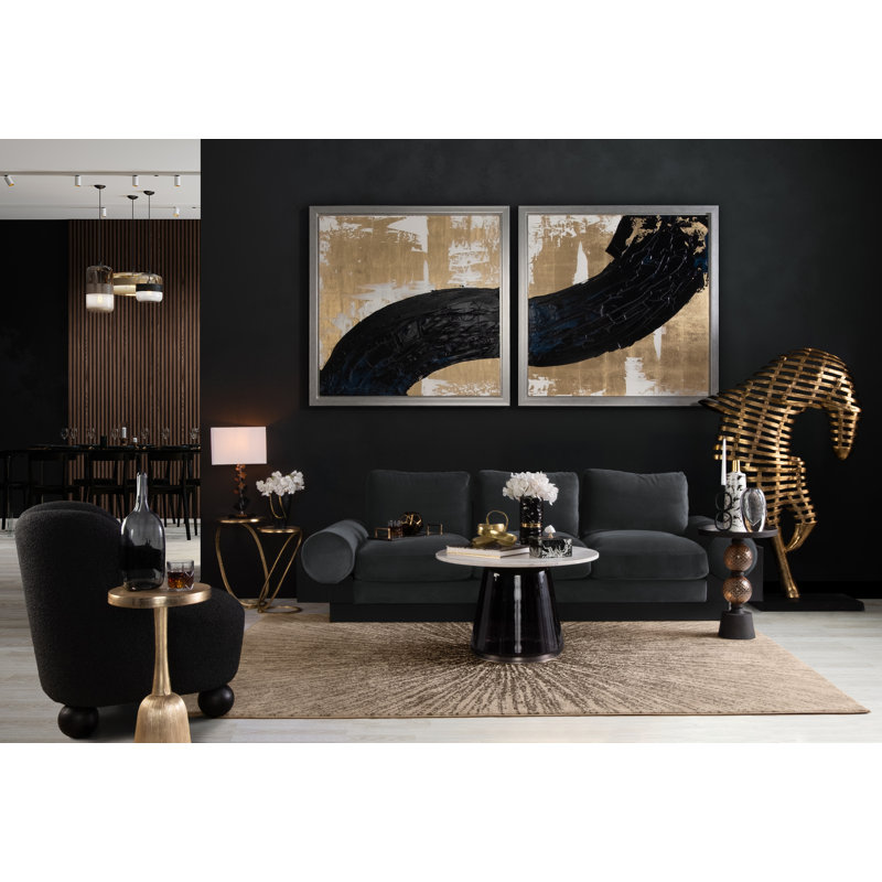 Modern Mirrored Top Side Table with Metal Base Contemporary Orb Accent Table, 22" H x 16" W x 16" D, Black/Gold