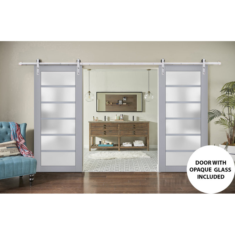 Porte de grange double robuste avec verre dépoli Veregio 7602 Gris mat, supports de rail de 4 m (13 pi), portes intérieures à panneaux pleins et lourds - 183 cm x 244 cm (72 po x 96 po) (2 x 91 cm x 244 cm) - Rail argenté