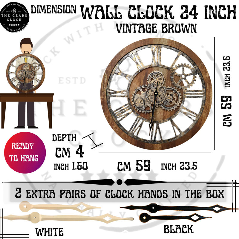 Wall Clock 24" Round Oversized for Living Room decor with Real Moving Gears America Collection, Vintage Brown
