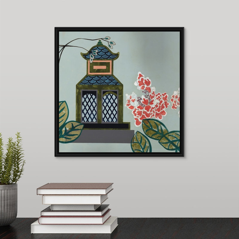 « pagode iii », peinture sur toile, H 13,7 po x l 13,7 po x p 1,75 po, Cadre flottant noir