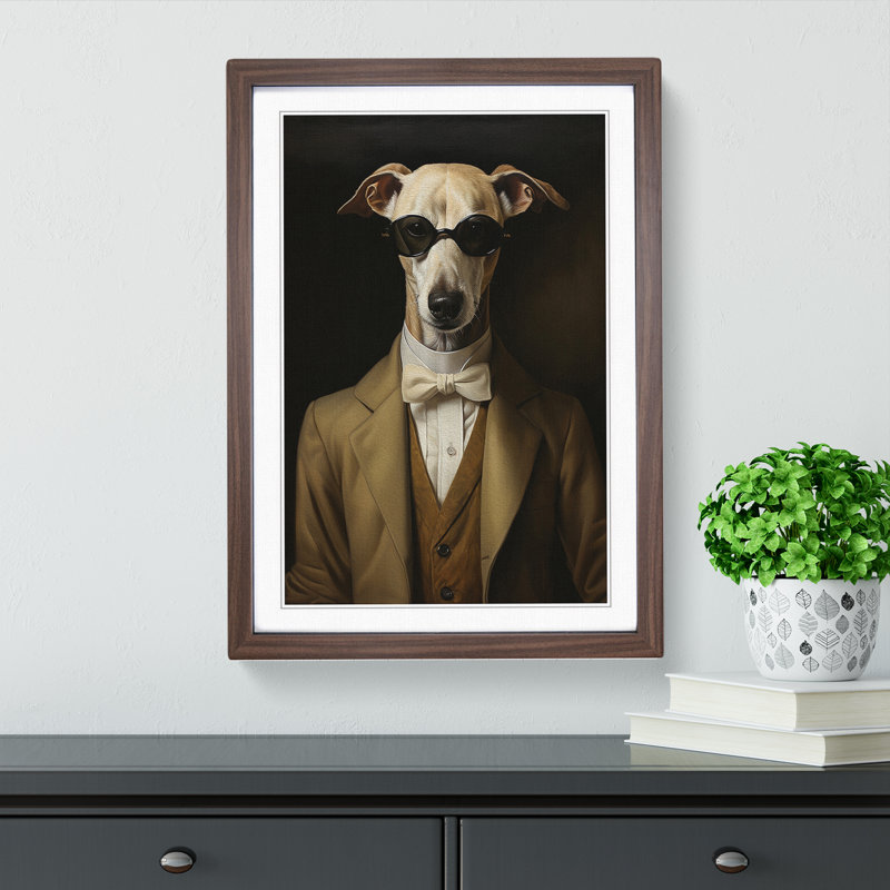 Whippet Classicism - Single Picture Frame Print on Wood, 46cm H x 34cm W x 2cm D, Walnut