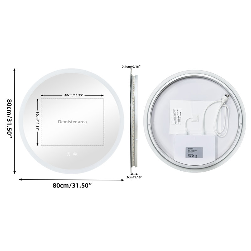Round Lighted Wall Mounted Bathroom Mirror, 80 cm H x 80 cm W