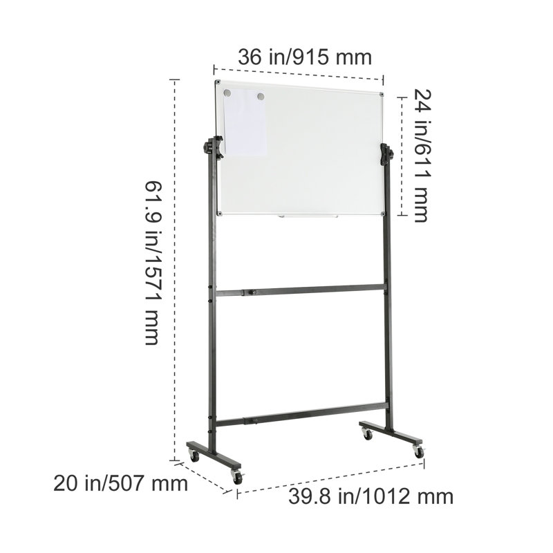 Tableau blanc magnétique mobile double face, 91 x 61 cm, effaçable à sec, avec support à hauteur réglable, roulettes verrouillables, porte-marqueurs et accessoires pour le bureau ou la salle de classe.